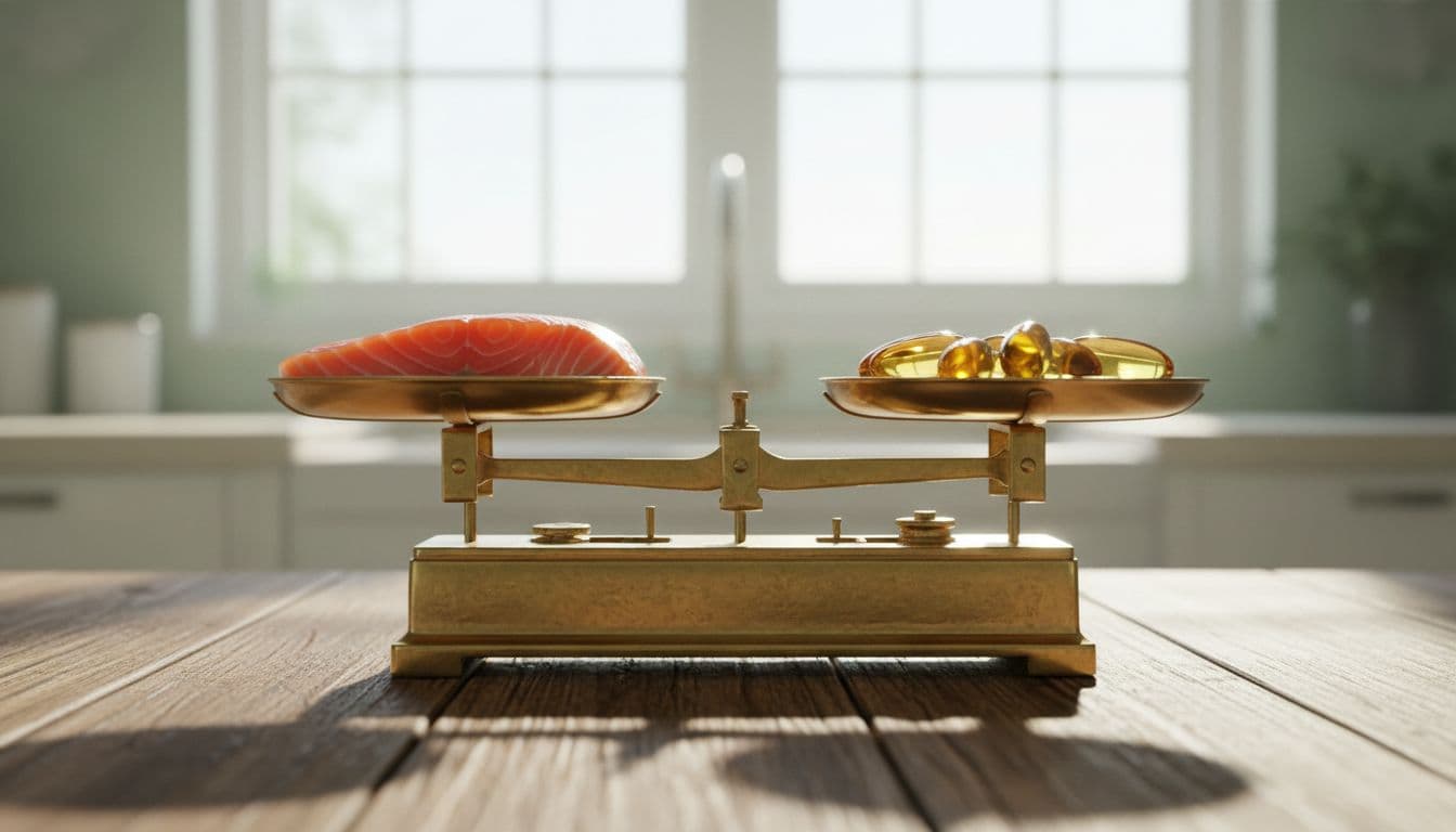 Fresh salmon fillet and omega-3 capsules balanced on a kitchen scale, symbolizing recommended daily EPA and DHA intake.