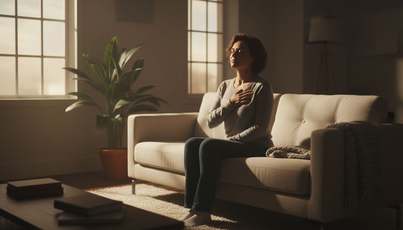 A single adult sits on a simple couch in a softly lit living room, hand gently placed over heart with eyes softly closed in a calm, thoughtful expression acknowledging emotions during a hard day. Warm afternoon light from the window creates strong contrast, depth, and dramatic cinematic style.