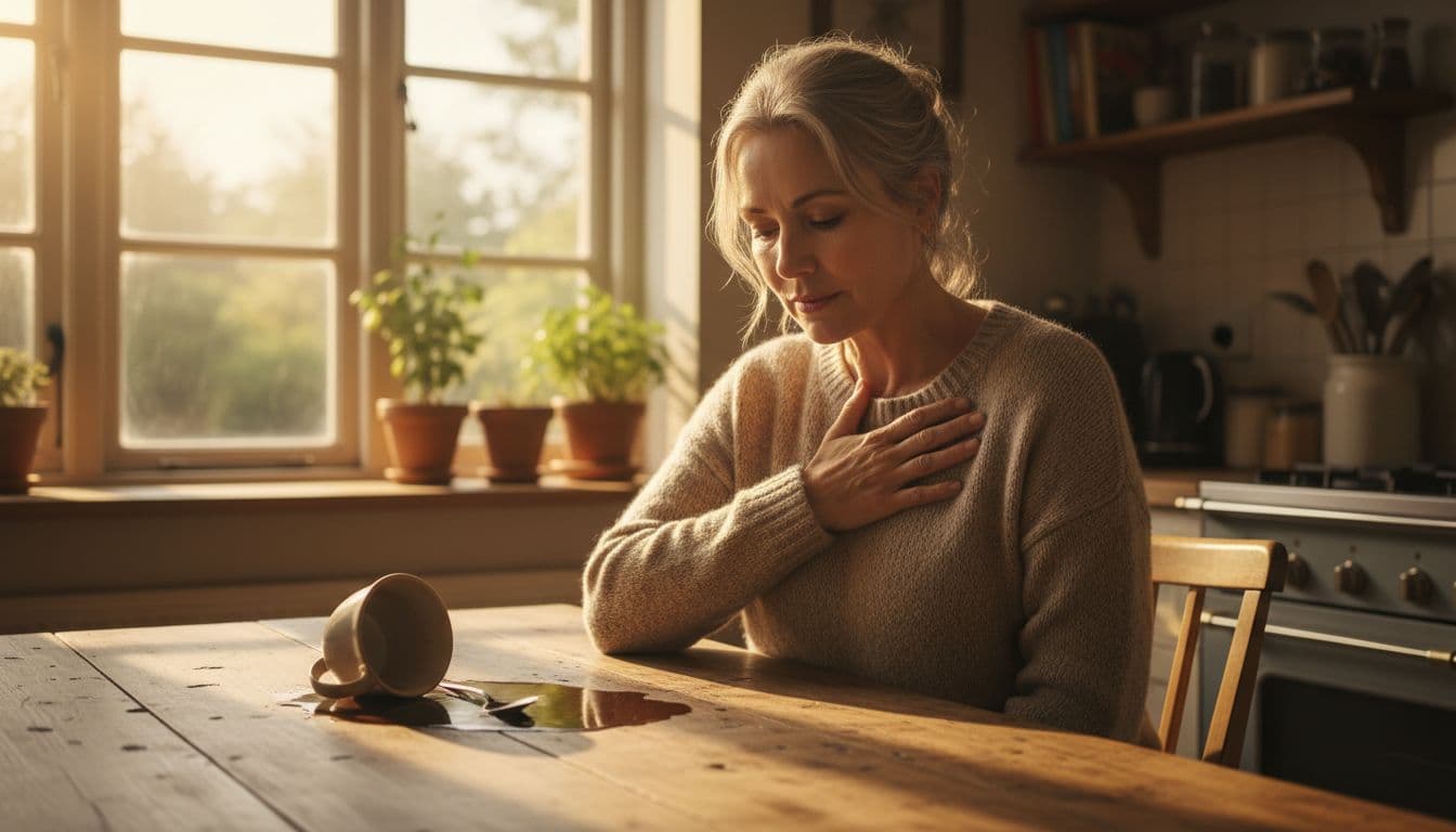 Middle-aged person sits calmly at wooden kitchen table, hand on heart beside spilled coffee, morning sunlight, thoughtful expression showing self-kindness.