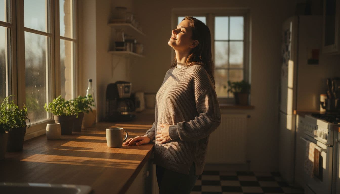 A single person in a cozy home kitchen at dawn gently places a hand on their belly, taking a deep breath with eyes softly closed and relaxed posture. Dramatic cinematic lighting from morning sunlight through the window creates strong contrast and depth.