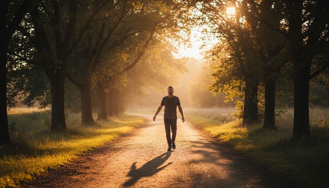 A single person walks slowly with a relaxed stride, hands loose at sides, and peaceful grounded expression on a serene tree-lined path during golden hour. Sunlight filters through leaves creating strong contrast, depth, and dramatic cinematic lighting.