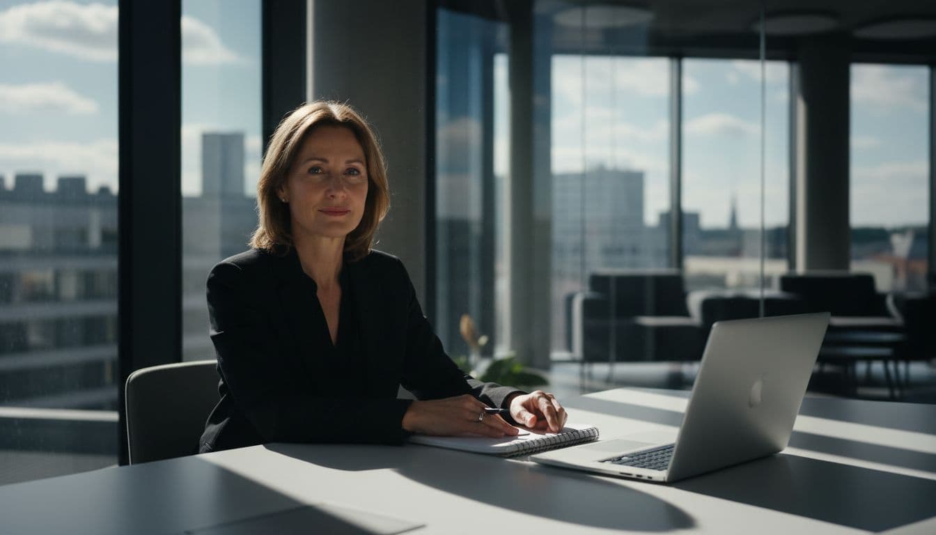A middle-aged German woman around 50 sits calmly at a modern open-plan office desk, reviewing priorities on a notepad next to her laptop with a relaxed posture and serene expression under natural daylight.