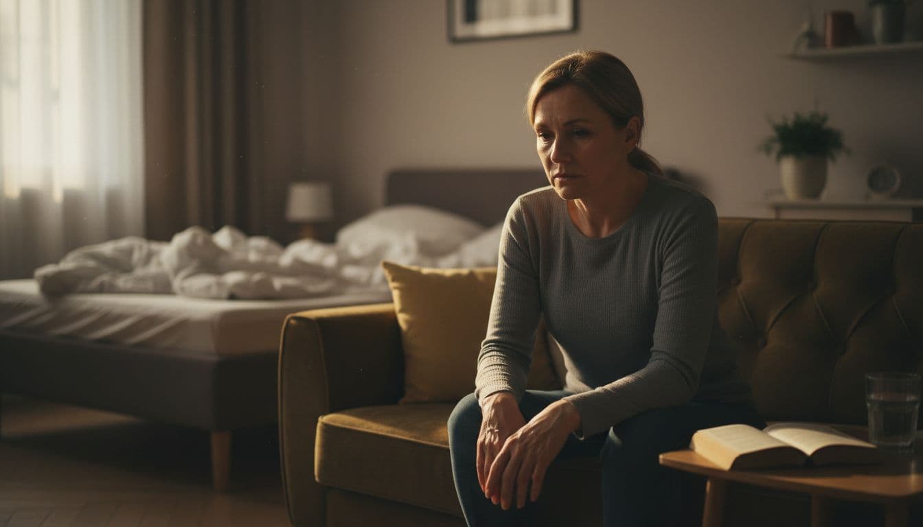 A person around 50 sits pensively on a sofa in a cozy German living room, with tense shoulders, tired gaze, next to a glass of water and book, bed in background suggesting sleep disturbances, cinematic style with dramatic lighting.