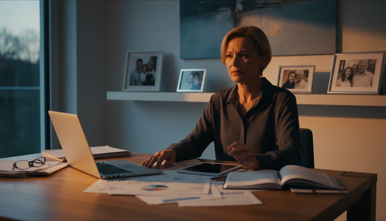 A woman around 50 in a modern German living room appears slightly stressed with a laptop and papers cluttering the table, family and parents' photos visible in the background, captured in cinematic style with dramatic warm evening lighting and strong contrast.