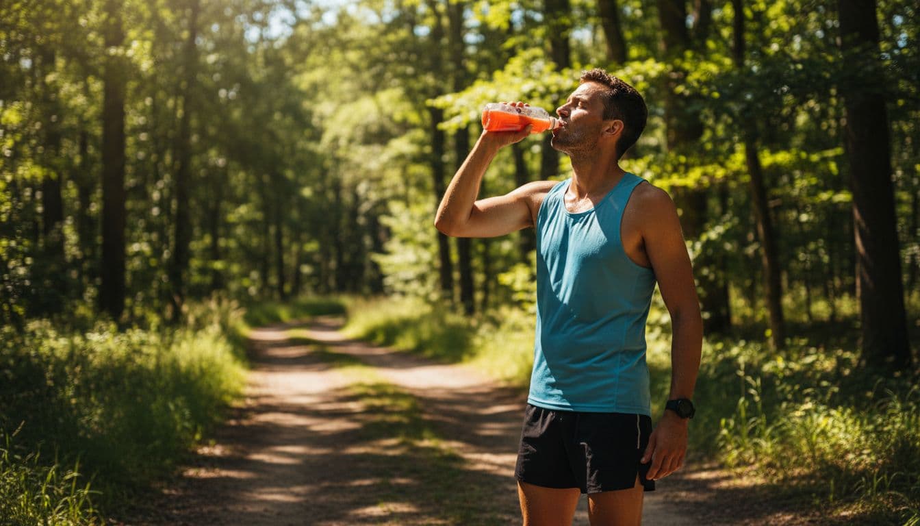 An endurance athlete pauses mid-run on a sunny summer trail to drink from a squeeze bottle of electrolyte drink, with sweat beads on face and arms, dynamic pose, harsh sunlight creating strong shadows and depth in a cinematic style.