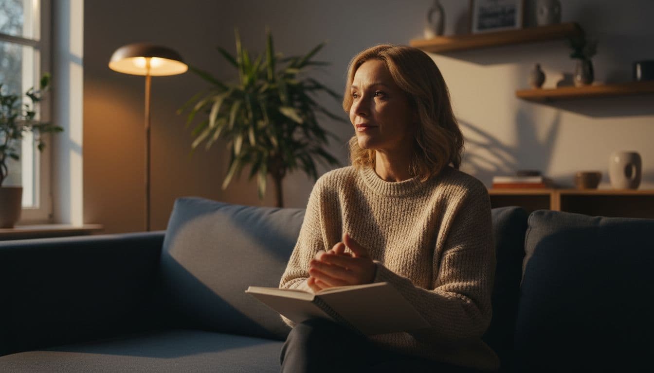 A middle-aged German woman sits pensively in a modern living room on a comfortable sofa, holding a notebook in her lap with relaxed hands, bathed in soft evening light, conveying self-reflection.