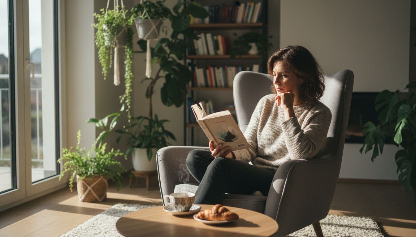A mid-30s woman reads a book thoughtfully in a bright modern living room featuring green plants, a cup of tea, and natural daylight through the window, captured in cinematic style with strong contrast and depth.