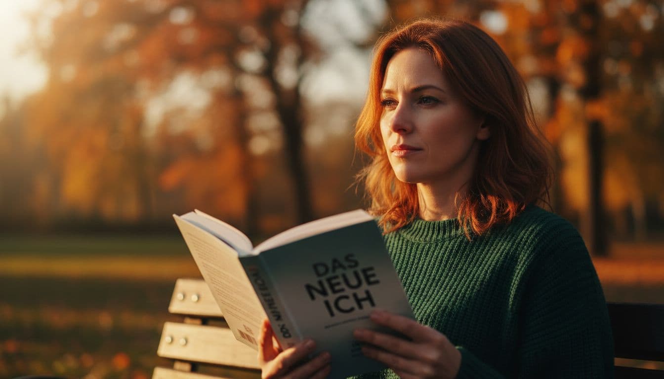 A woman in her 30s sits thoughtfully on a park bench at sunset, holding an open self-help book, with a determined yet reflective expression and soft wind in her hair, in a cozy autumn setting.