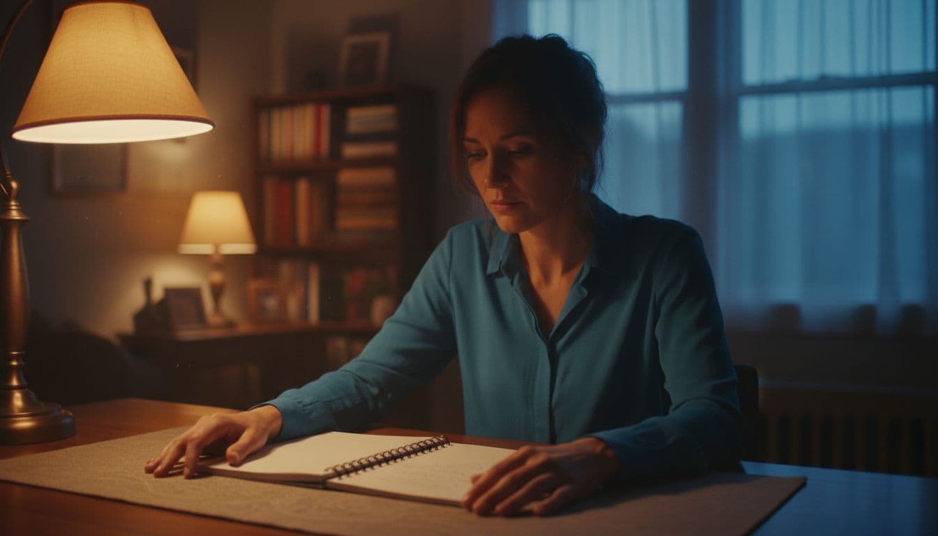 A thoughtful woman in her 30s with relaxed posture sits alone in a cozy home office at dusk, gazing reflectively at a notebook on the desk under soft warm lamp light with dramatic shadows in cinematic style.