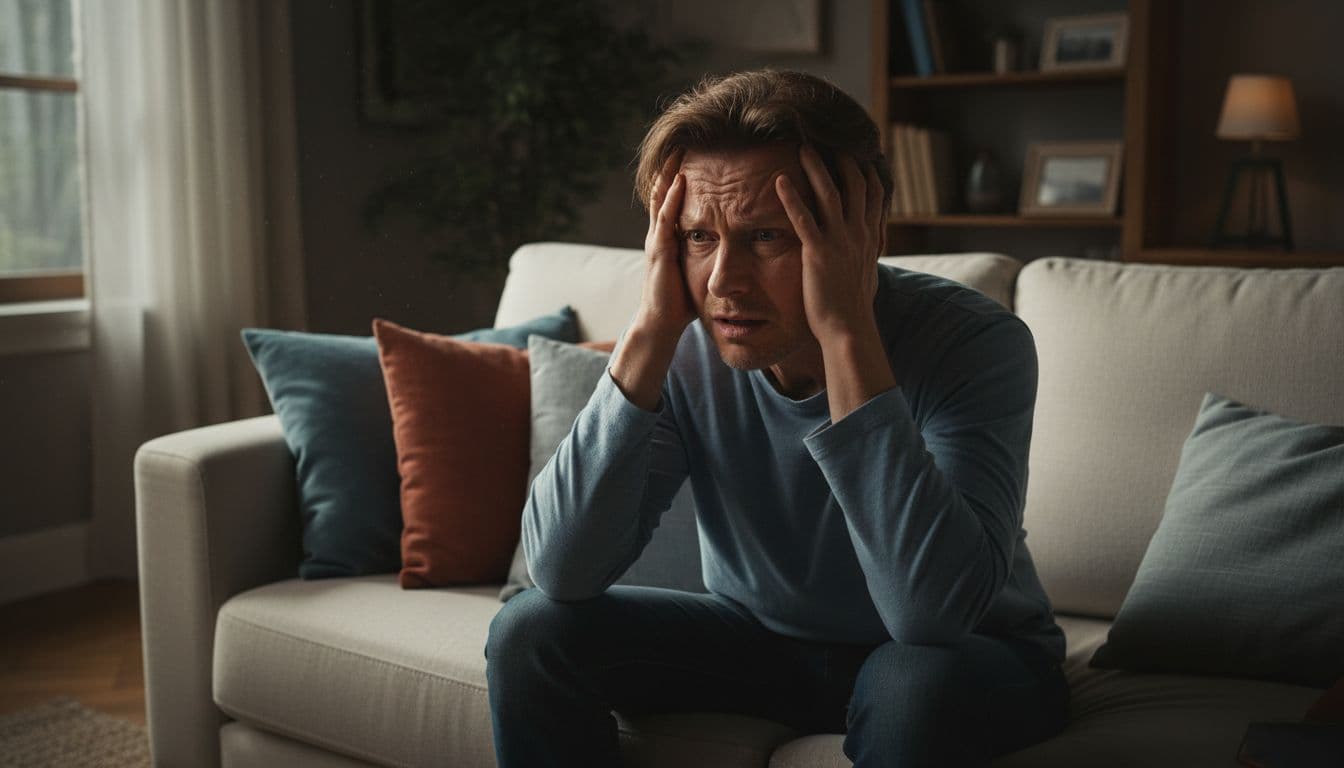 A middle-aged person in a cozy living room clutches their head in sudden severe pain from a thunderclap headache, showing shock and distress on their face while sitting on a couch with soft pillows.