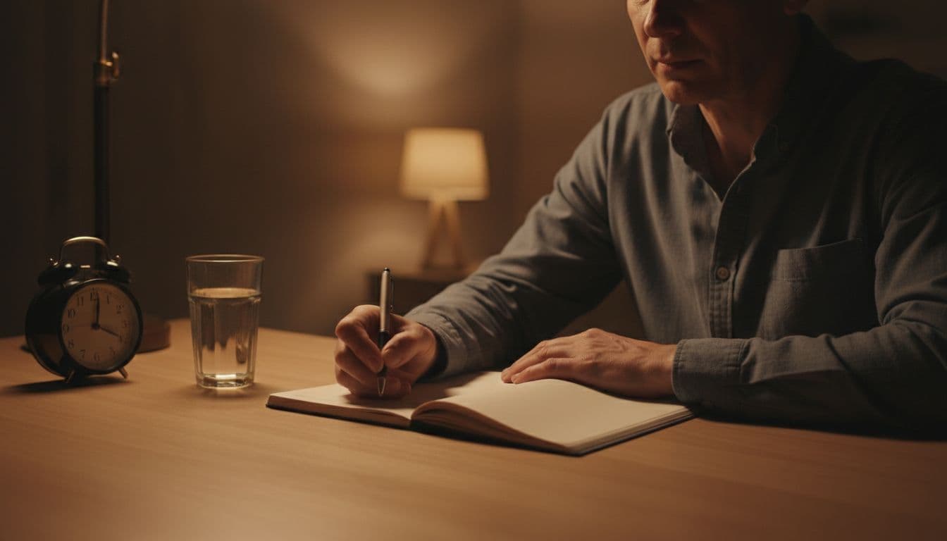 A middle-aged person with a tired expression sits at a wooden desk in a dimly lit cozy room at night, calmly writing in an open notebook with a pen, a glass of water and small clock nearby, under soft dramatic side lighting.