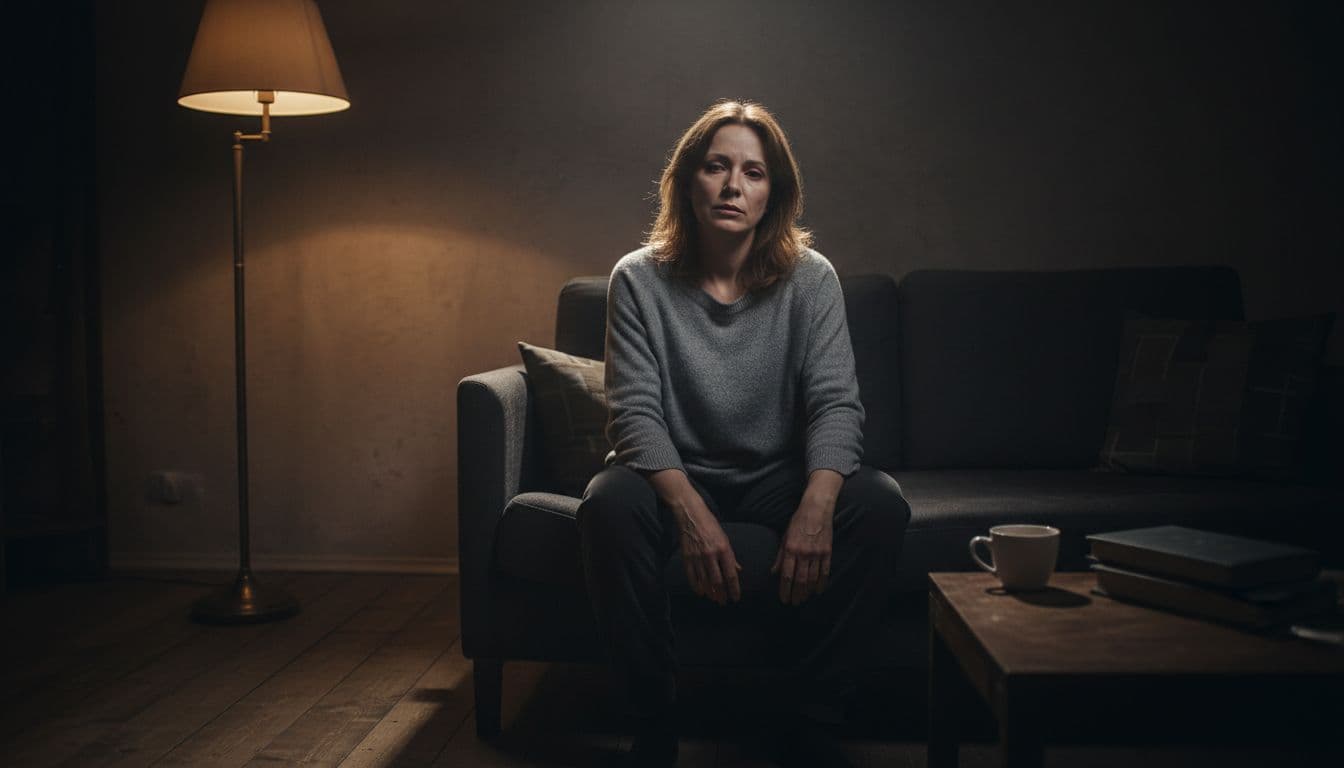 A woman in her 40s sits tiredly on a sofa in a dimly lit living room, looking fatigued with pale skin and arms resting loosely on her lap, illustrating a common symptom of vitamin D deficiency in women.