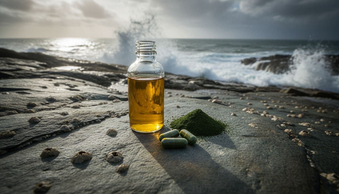 Bottle of algae oil next to algae powder and vegan capsules on natural stone background in marine environment, cinematic style with strong contrast, depth, and dramatic lighting.
