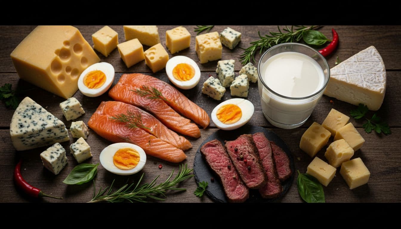 Assortment of fresh natural foods rich in vitamin B12 on a rustic wooden table, featuring slices of salmon, hard-boiled eggs, cheese, lean beef strips, milk, and scattered herbs in a top-down cinematic composition.