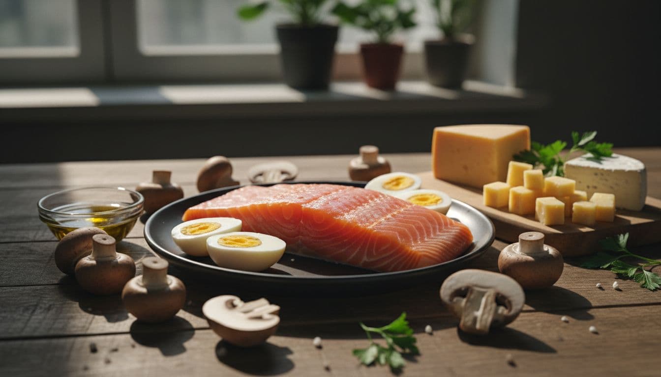 Close-up of fresh salmon fillet, boiled eggs, mushrooms, and cheese arranged simply on a wooden table, lit by natural daylight in cinematic style with dramatic lighting and strong contrast.
