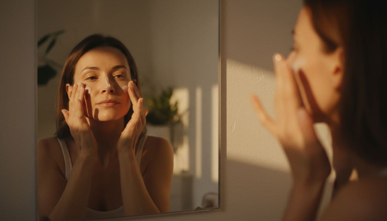 A mid-30s woman gently applies moisturizing cream to her face in the bathroom mirror with relaxed, partially obscured hands in a natural pose, featuring warm dramatic lighting, strong contrast, cinematic style, simple background.