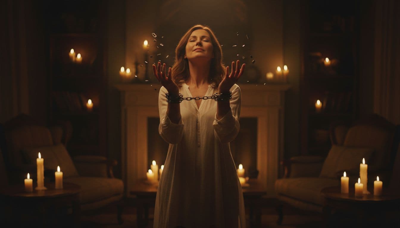 A woman in her mid-30s symbolically breaks chains around her wrists in a dimly lit living room illuminated by candlelight, displaying a relieved facial expression. Cinematic style with strong contrast, depth, and dramatic lighting symbolizes mental strength and overcoming limitations.