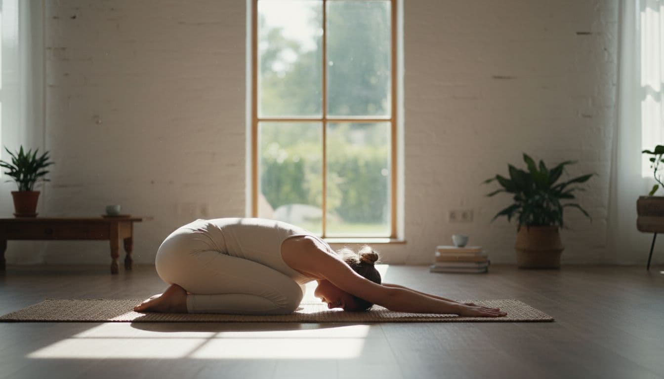 A relaxed woman in a light child's pose yoga stretch on a mat in a bright living room with natural light from the window, cinematic style with strong contrast and dramatic lighting. This gentle exercise illustrates relief from menstrual cramps in a simple setting with exactly one person.