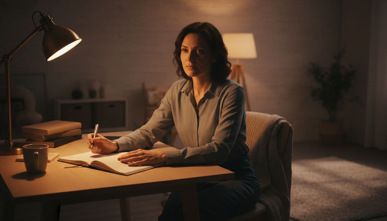 A woman in her late 30s writes reflection questions in a journal at a simple desk in a cozy home office illuminated by warm lamp light, in a concentrated yet calm pose with relaxed hands on the notebook.