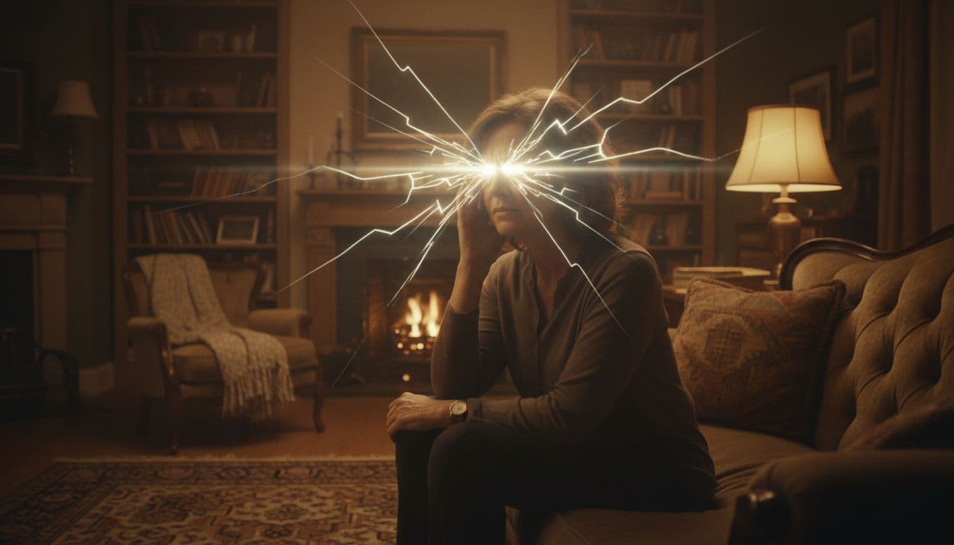 A middle-aged woman in a dimly lit cozy living room rests her hand on her forehead, showing mild discomfort from migraine visual aura with subtle zigzag lightning-like patterns and flashing lights spreading from the center of her vision.