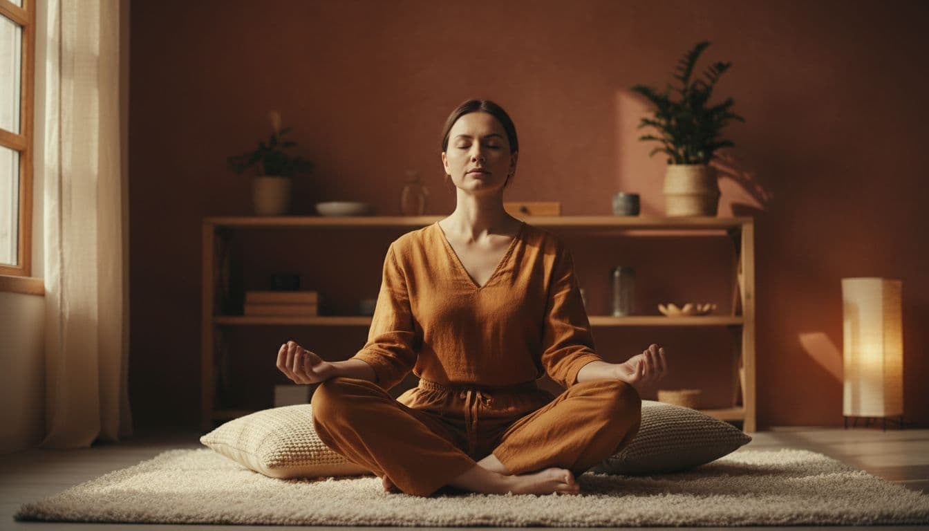A woman sits cross-legged on a soft rug in a cozy living room, eyes closed in peaceful meditation with hands on knees, soft natural window light and cinematic warm tones.