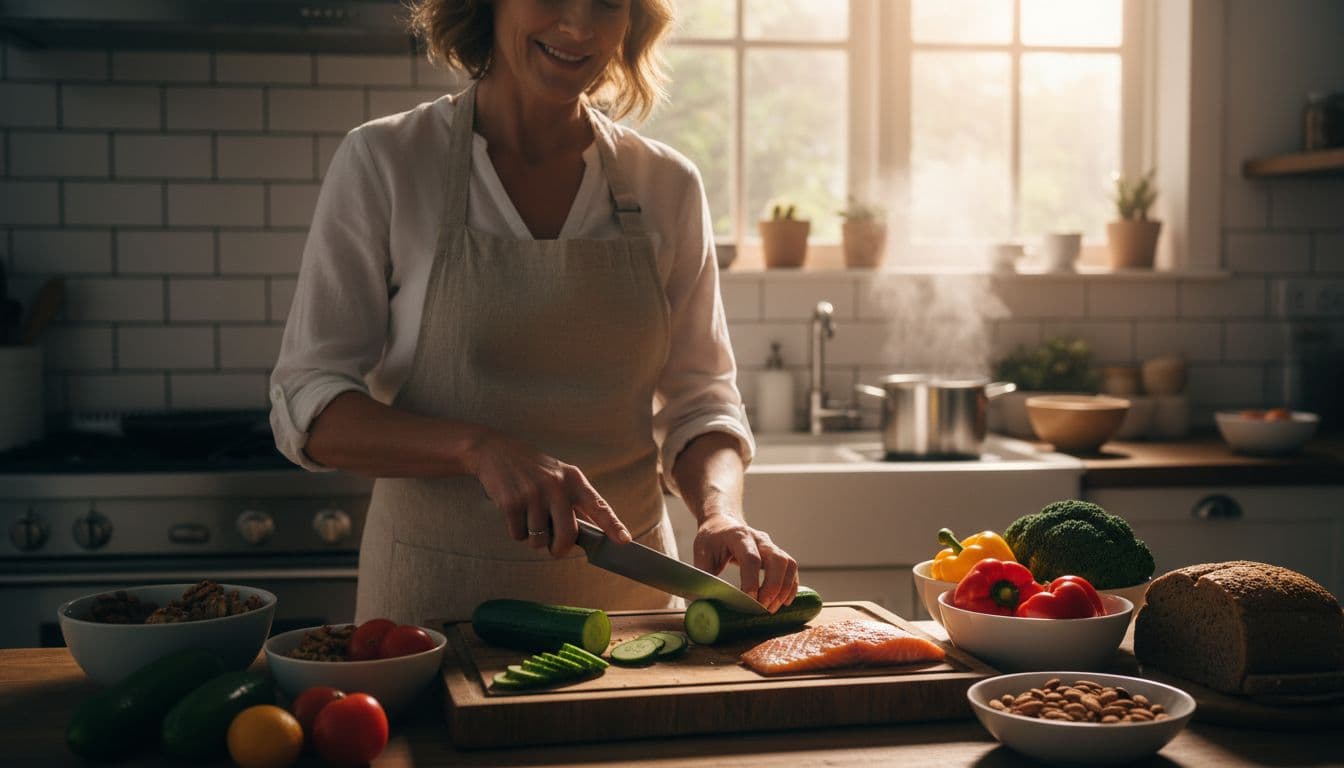 Eine Frau mittleren Alters in einer hellen Küche bereitet ein gesundes Mahl mit Gemüse, Nüssen, Vollkorn und Fisch vor, schneidet Gurken und Tomaten und lächelt entspannt.