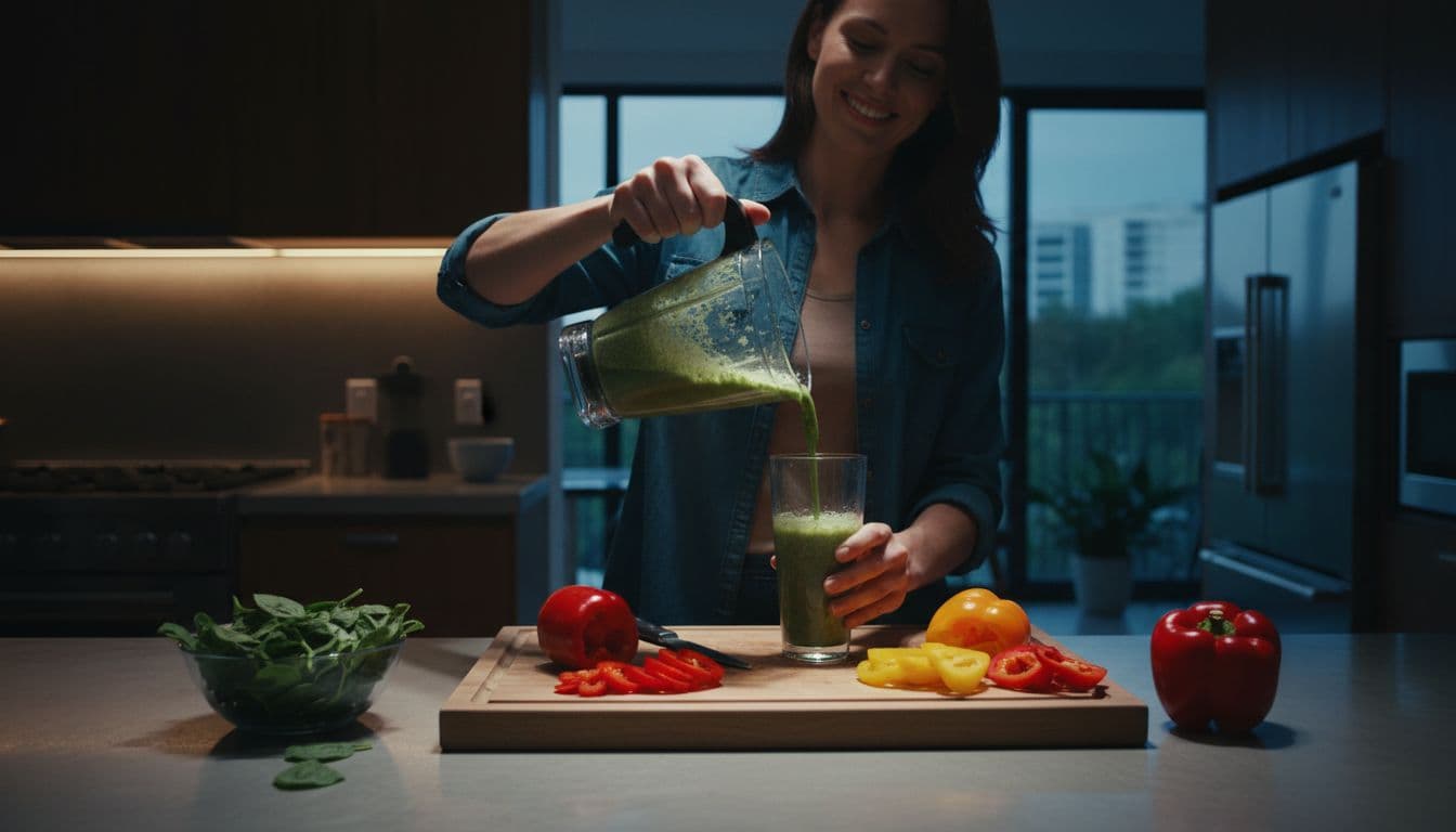 A joyful woman in a modern kitchen prepares a healthy iron-rich meal with spinach smoothie and bell peppers, focusing on fresh ingredients in cinematic style.