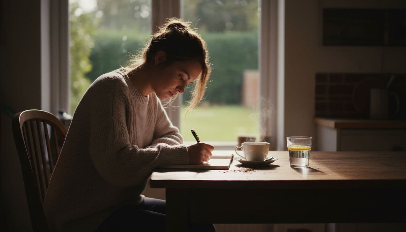 A young woman relaxes at the kitchen table, noting symptoms in a diary beside a cup of tea and glass of water, illuminated by natural daylight through the window in a cinematic style with dramatic lighting and strong contrast.