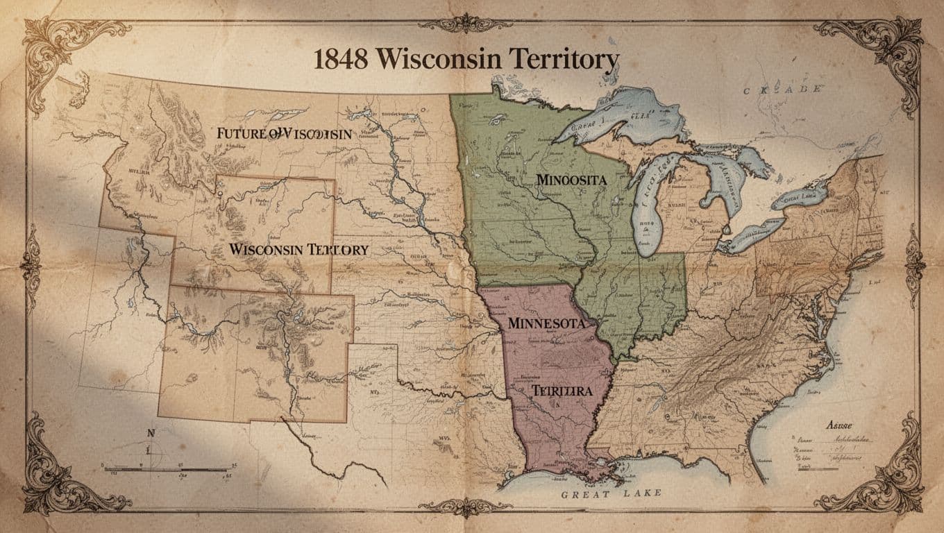 Antique-style map on parchment showing Wisconsin Territory boundaries before 1848 statehood, the split forming Minnesota Territory, with labeled regions, rivers, Great Lakes, and soft warm lighting.
