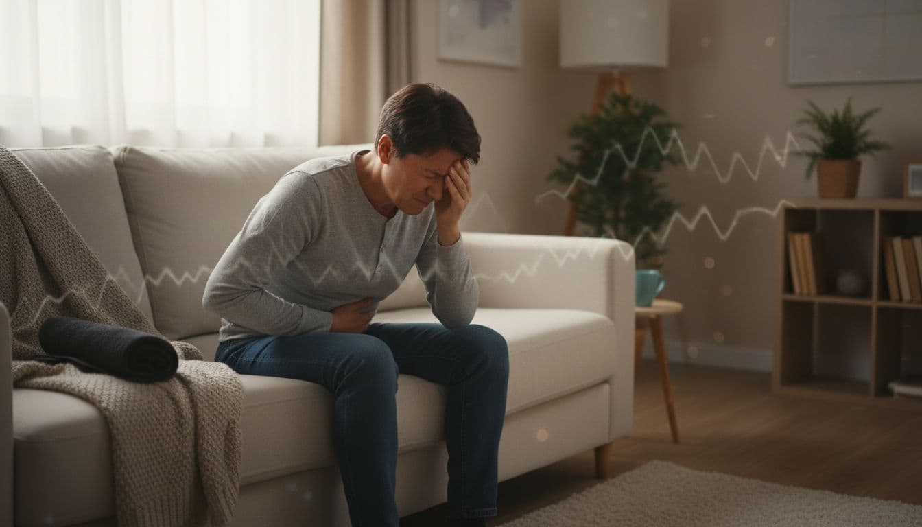 A single adult sits on a cozy living room couch with head in hands, showing intense pain, eyes squeezed shut from light sensitivity, hand on stomach for nausea, and subtle zigzag visual aura in the background.