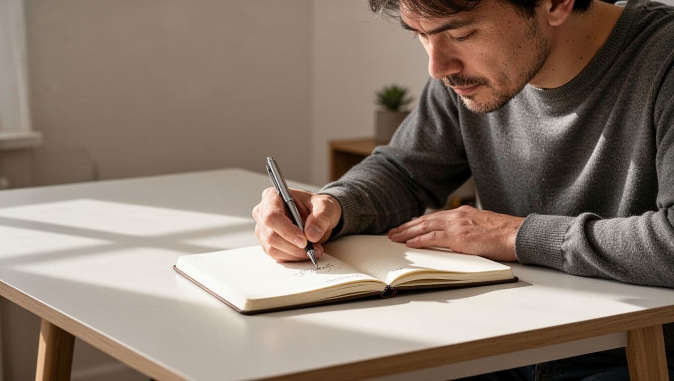 A focused adult sits at a desk in a softly lit home office, writing in a simple paper migraine diary notebook to track sleep, meals, and stress levels, with a pen resting loosely and no extra objects visible.