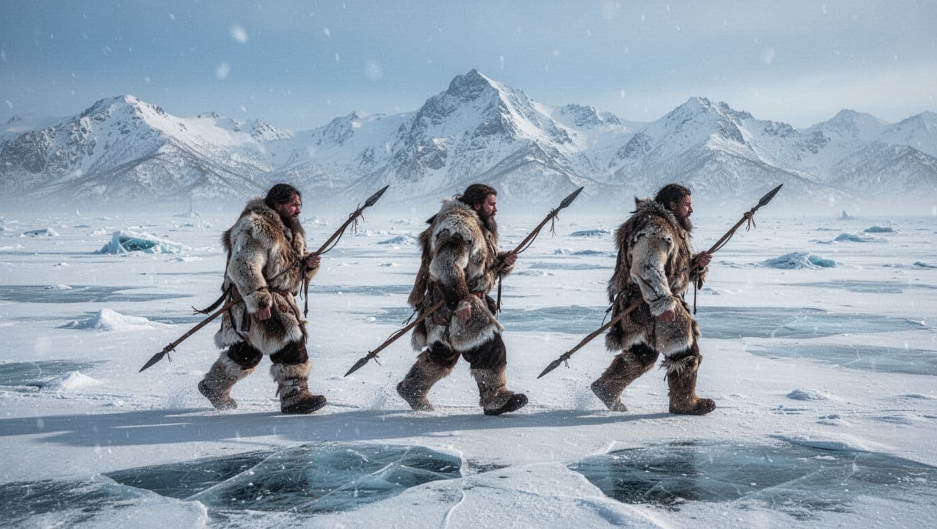 Three ancient hunters in fur clothing with spears trek across a vast icy plain from Siberia to Alaska during the late Ice Age, in a snowy tundra landscape with distant mountains, realistic style with cool blue lighting.