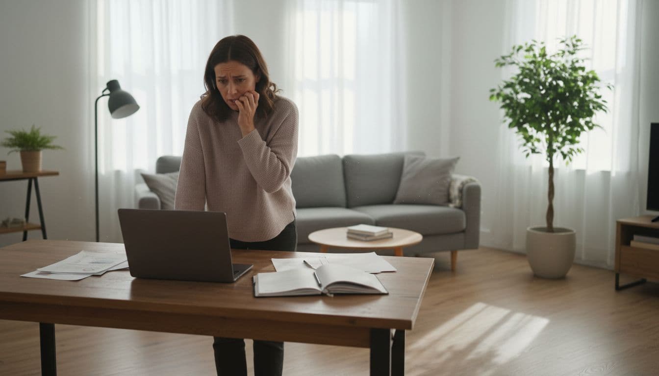 A mid-30s woman paces anxiously in a modern living room turned home office, biting her nails and furrowing her brow at a laptop screen with one hand on her forehead.