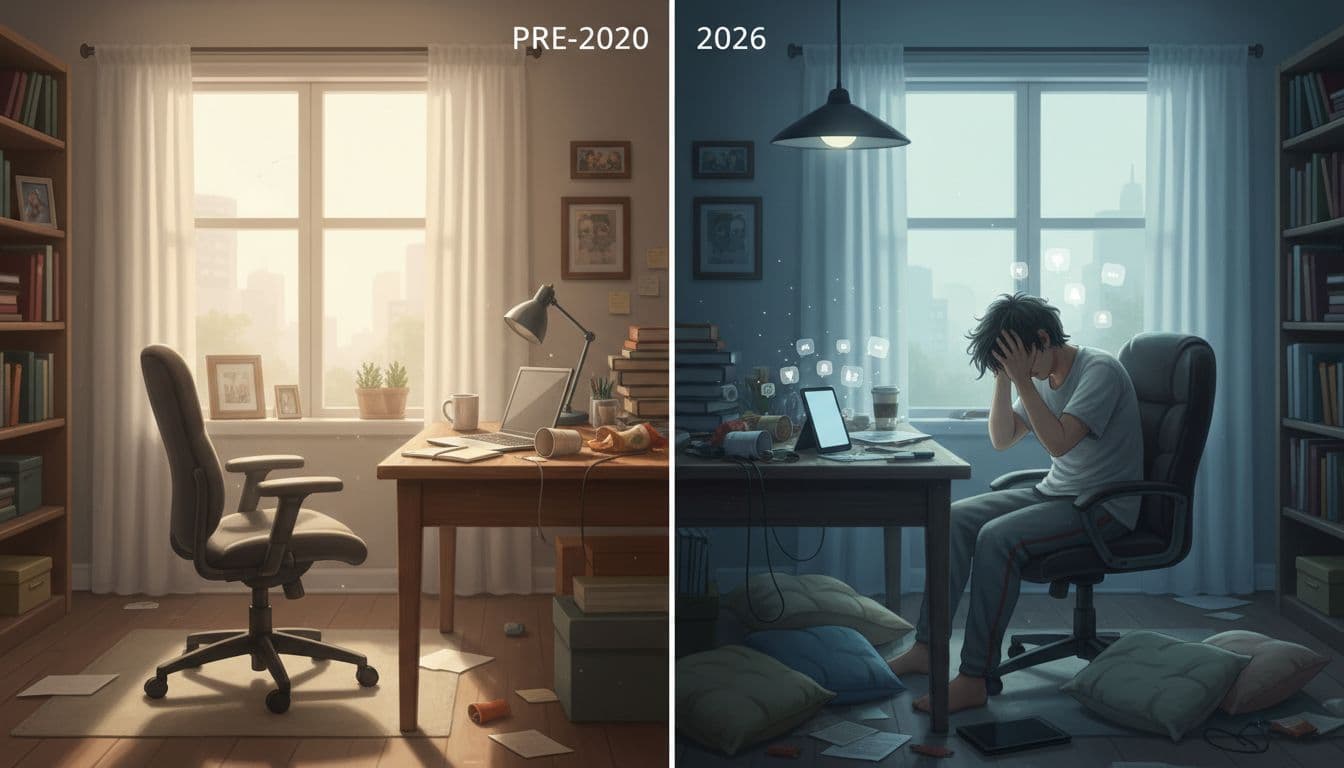 Split composition comparing a calm pre-2020 office setup on the left with a chaotic 2026 home office overwhelmed by notifications and fatigue on the right, illustrating the evolution of remote work stress since the pandemic.