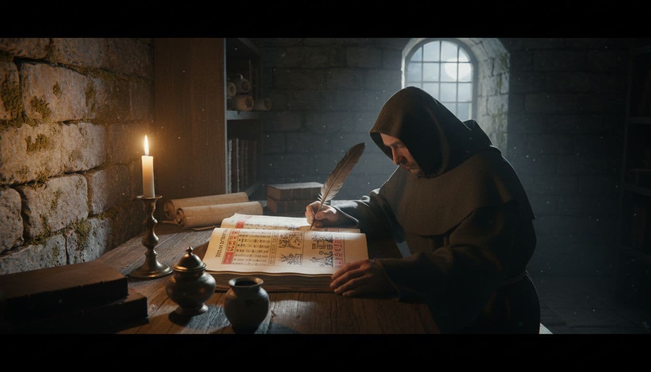 Vintage manuscript page with a partially visible medieval monk writing by candlelight, open book on wooden desk showing indistinct Latin text about months and festivals from Beda Venerabilis era mentioning Eostre, quill pen, inkwell in stone-walled room with dramatic lighting.
