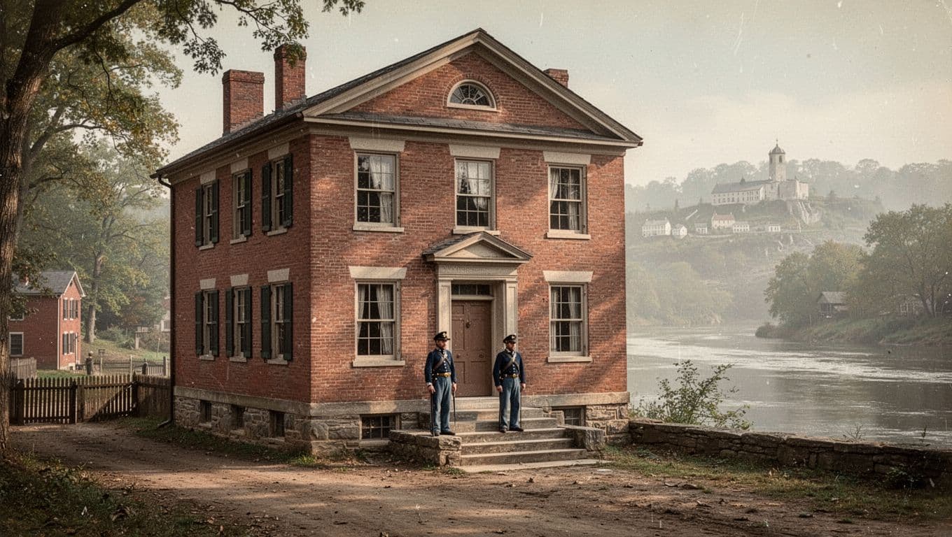 Historical scene of Charles Town, West Virginia during the Civil War, showing the courthouse where John Brown was tried, two Union soldiers nearby, and Harpers Ferry in the distant background across the river, in realistic 1860s style with soft morning light.