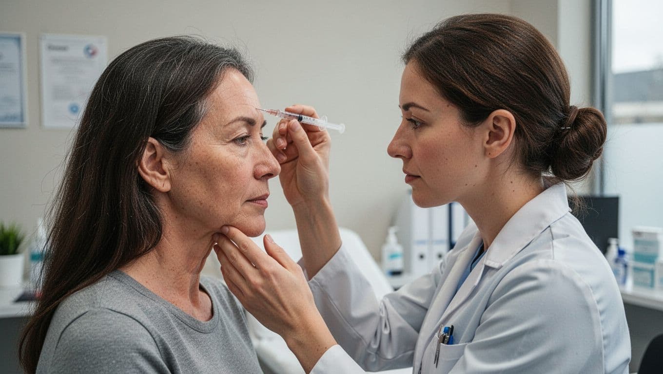 Side profile view of a clinician giving a Botox injection in an adult's forehead in a calm medical office for chronic migraine prevention, with soft lighting and relaxed hands.