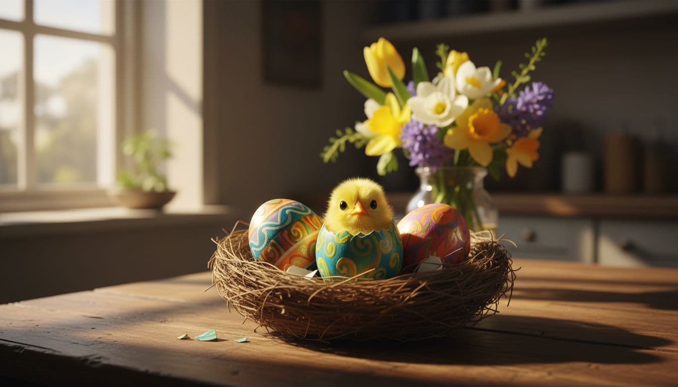 A cluster of three colorful painted Easter eggs sits in a rustic wooden nest on a sunlit kitchen table, surrounded by fresh spring flowers, with one egg cracked open revealing a chick, captured in cinematic style with dramatic warm morning lighting.