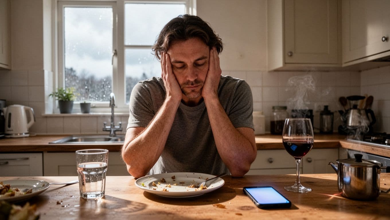 One adult in a dim kitchen surrounded by everyday migraine triggers including skipped meal, dehydration glass, wine, bright window light, glowing phone screen, implied coffee, and changing weather; subtle head hold.