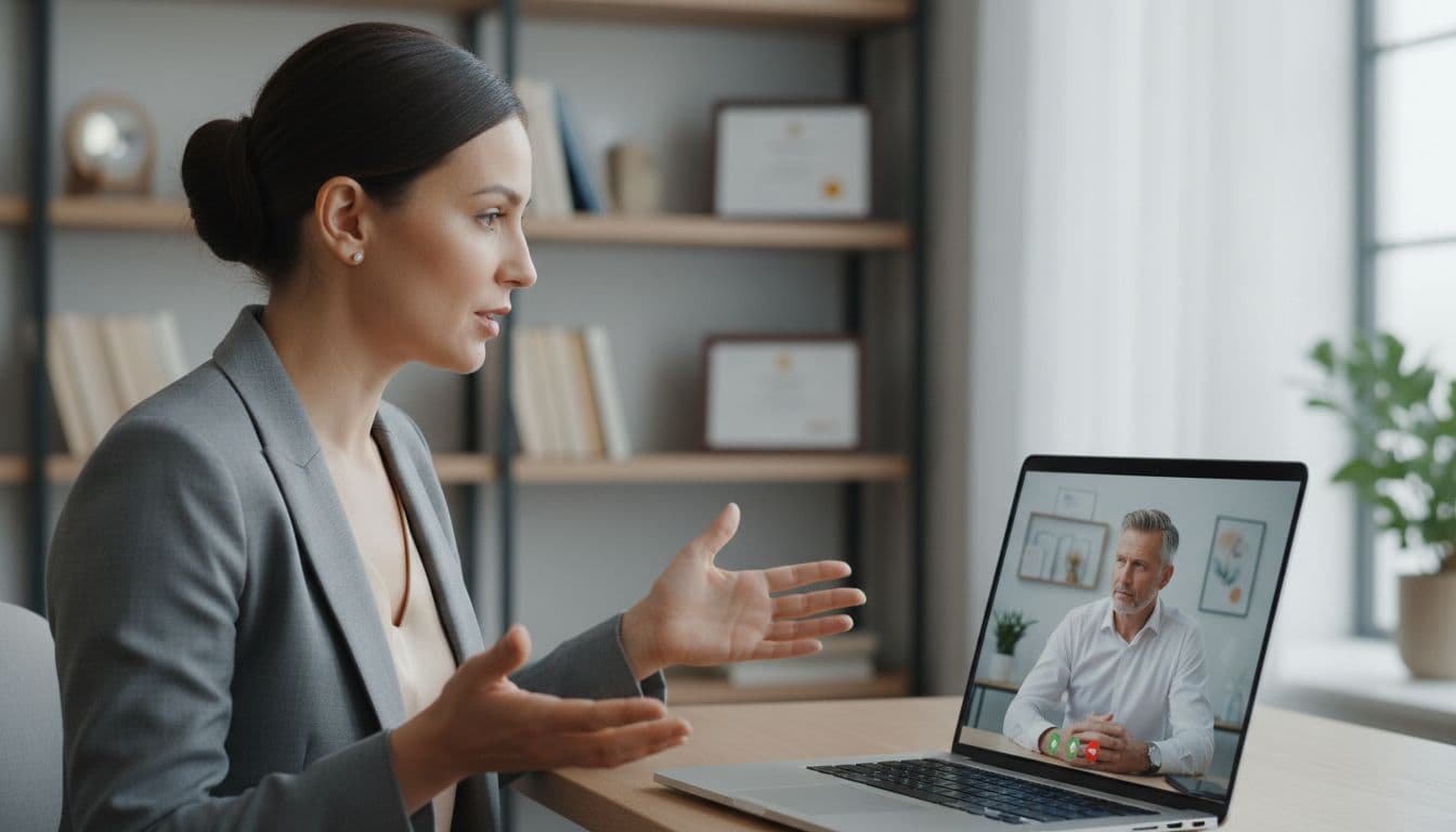 A professional woman speaks confidently with her boss during a home office video call, using open gestures amid a calm background and neutral laptop screen.