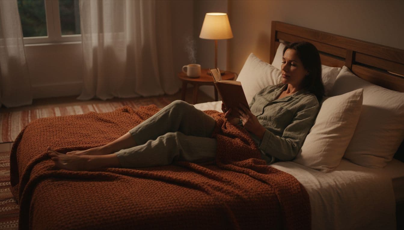 A serene woman in her 40s relaxes in a cozy evening bedroom, reading a book under dim warm lamp light amid soft pillows and blankets.