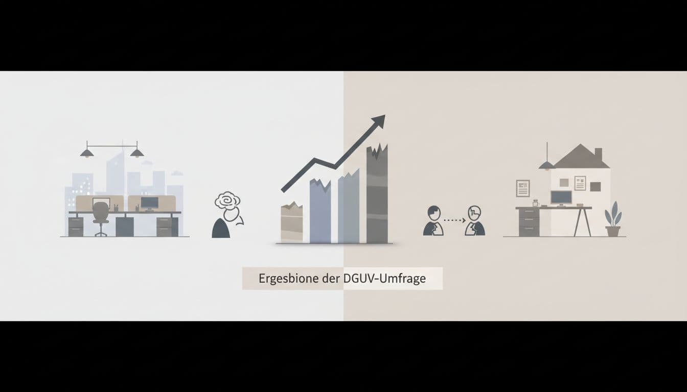 Infographic-style illustration of DGUV survey results showing rising stress bars and icons for exhaustion and missing colleagues in home office settings, clean modern vector style with neutral colors.