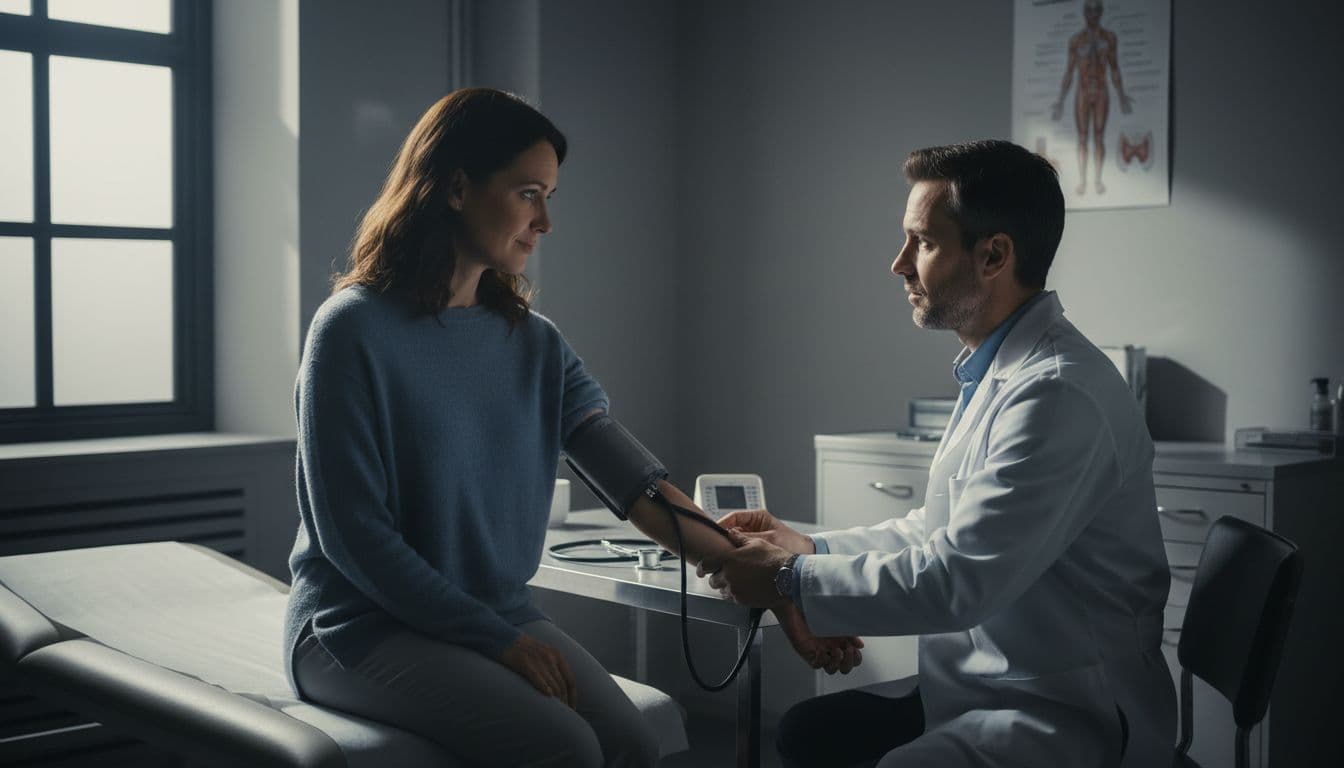 A woman in a doctor's office sits opposite the doctor who is measuring her blood pressure, looking concerned yet hopeful amid a medical setting with a stethoscope on the table.