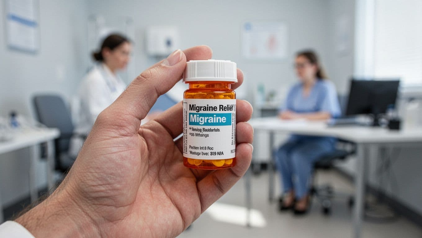 Close-up of a doctor's hand holding a migraine prescription bottle like triptan or gepant, with blurred patient consultation background and soft clinic lighting. Realistic medical style focusing on the blurred bottle label, no readable text or faces.