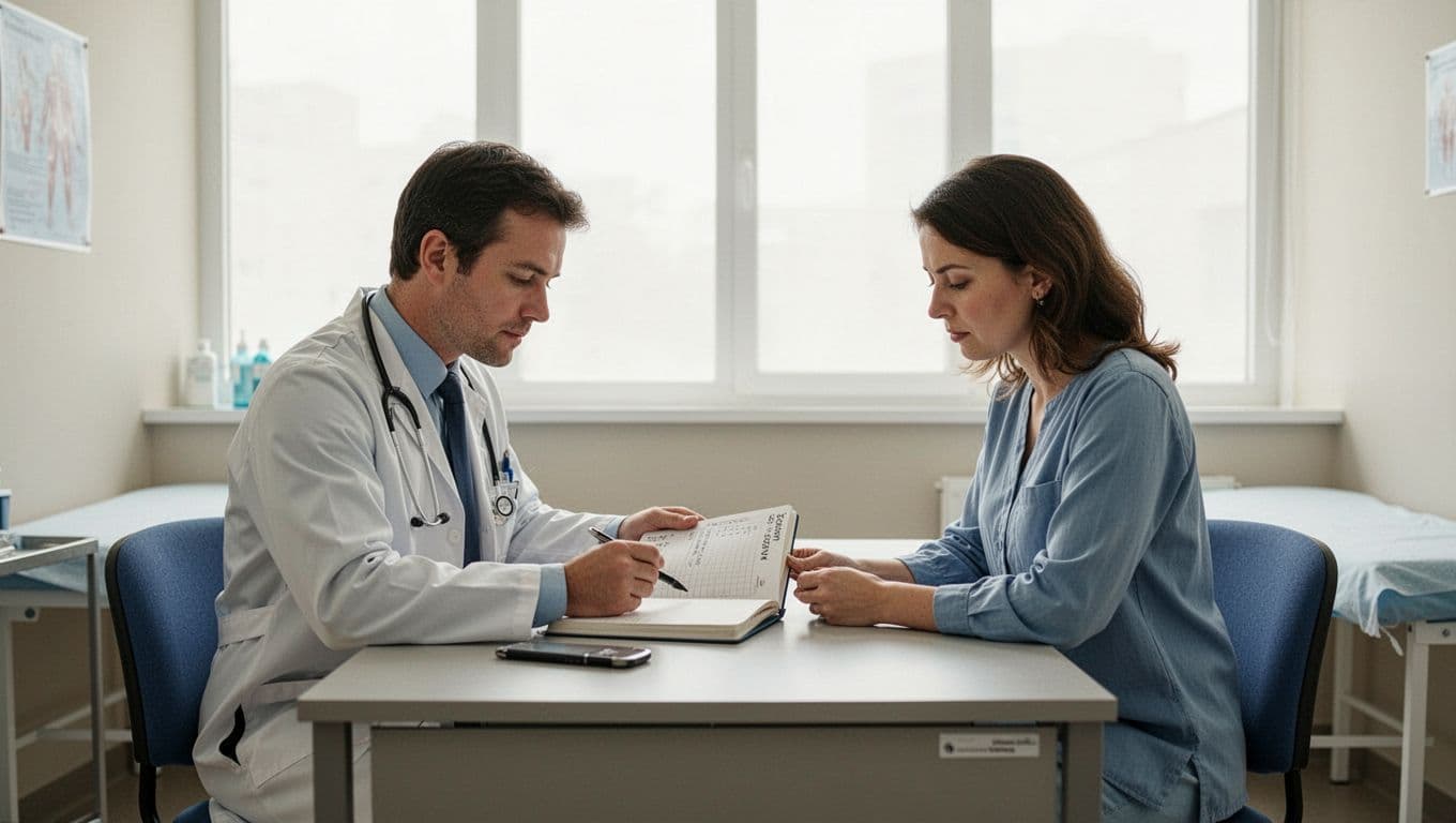 Doctor in a bright clinic exam room reviews symptom diary with patient seated across desk, both focused on notebook in professional calm interaction, natural window light, realistic style.