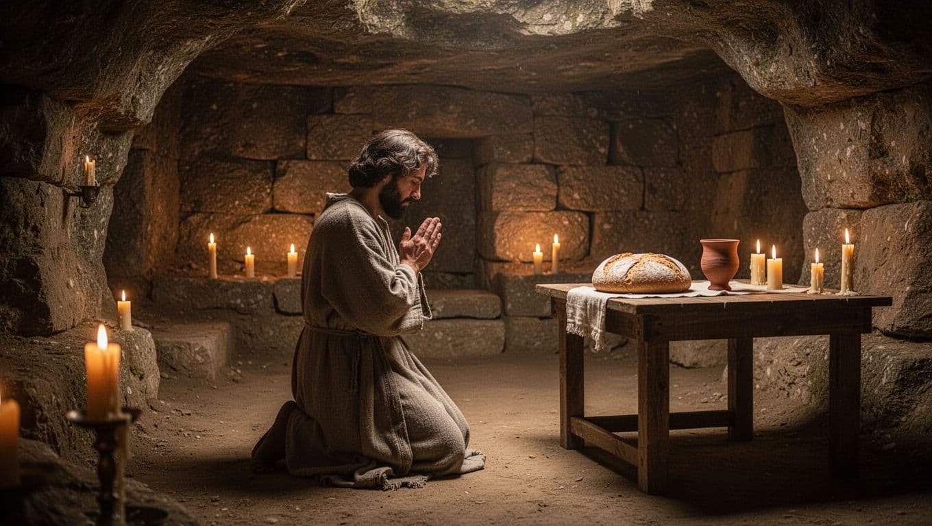 Historical scene of early Christians in a simple cave gathering for Easter, with candlelight, bread and wine on a table, and one person praying in the foreground under dramatic cinematic lighting.