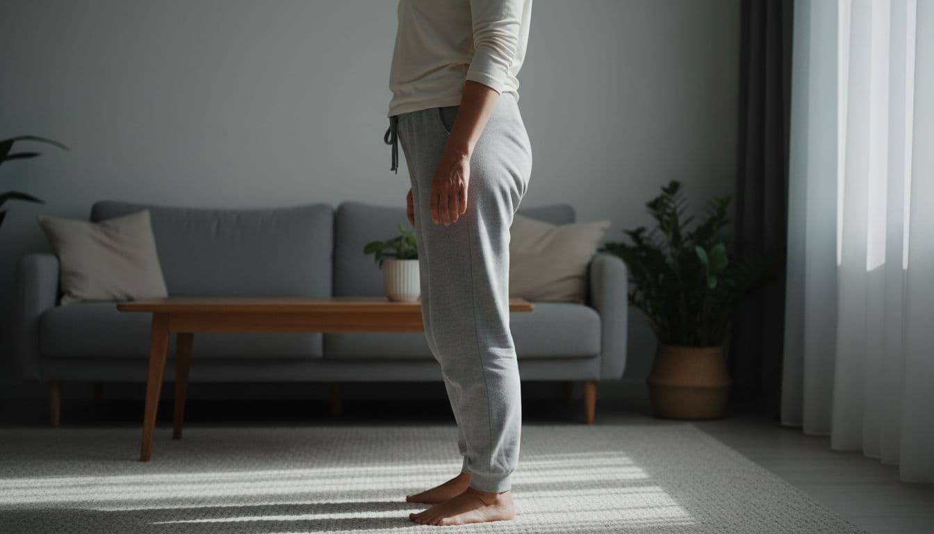 Middle-aged woman in casual clothes standing sideways in a bright living room, displaying symmetrical fat accumulation on thighs and calves with smooth skin texture indicating early lipedema stage. Cinematic style with soft natural light, strong contrast, and depth of field focusing on legs.