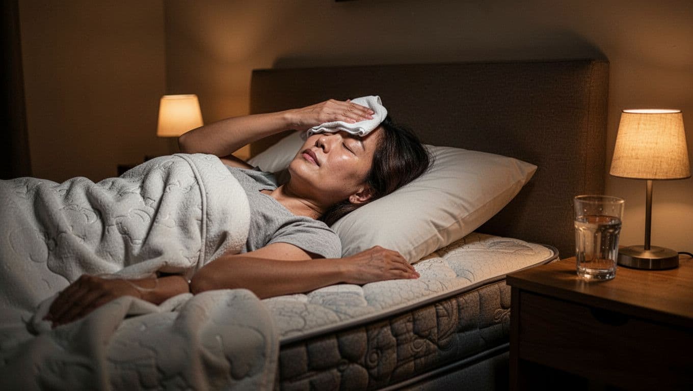 One adult rests in a dark quiet bedroom during an early migraine attack, lying on bed with cool cloth on forehead, glass of water nearby, eyes closed, soft dim lighting from small lamp.