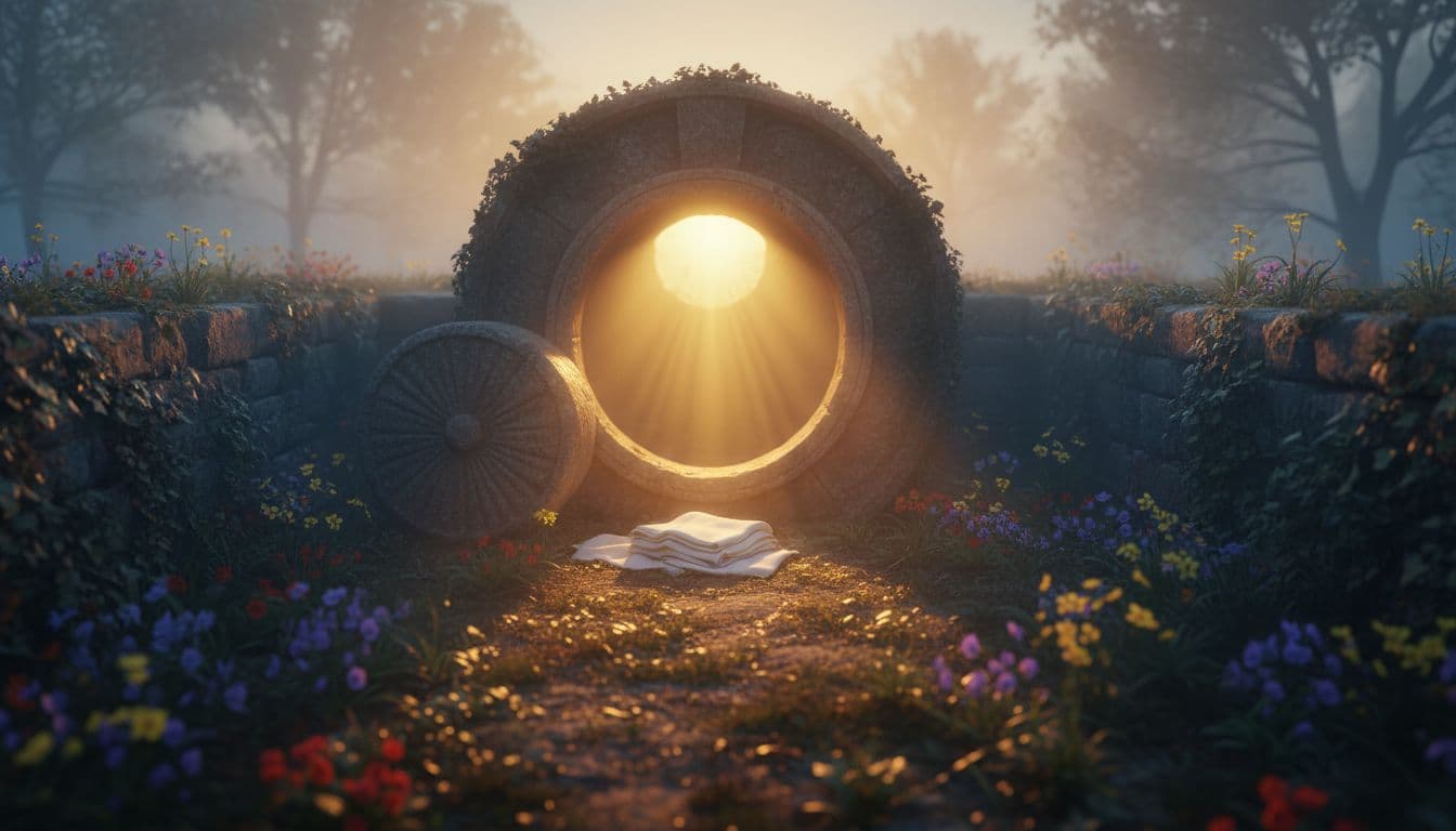 Empty ancient stone tomb in a misty garden at dawn, entrance stone rolled aside revealing bright light rays illuminating folded linen cloths on the ground amid blooming wildflowers, cinematic style with dramatic golden hour lighting.