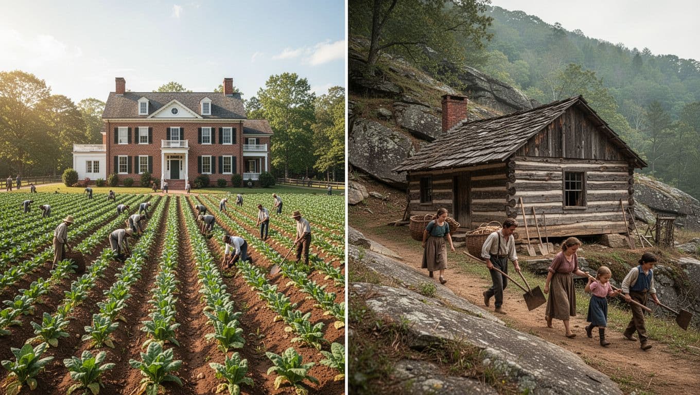 Zwei Szenen im Vergleich: Linke Seite reiche Tabakplantage im Osten Virginias mit Sklavenarbeit, rechte Seite arme Bergfarm im Westen mit Familienarbeit, realistischer historischer Stil.